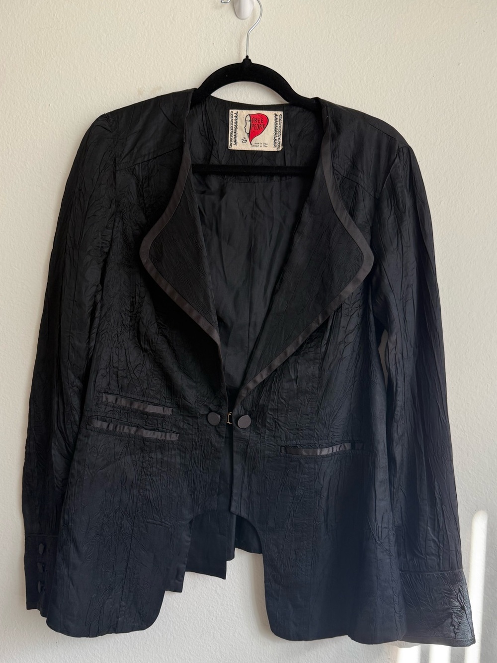 Free People Black Crinkled Crushed Satin Tuxedo Jacket Size 10